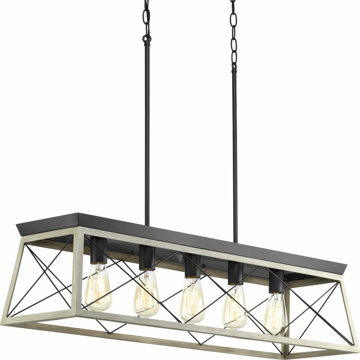 Create a cozy home with the Briarwood Collection 5-Light Bleached Oak Farmhouse Linear Island Chandelier. Light sources exude a comforting country glow as they peek through the classic X-brace design reminiscent of country barn doors and rustic farmhouse gates. A faux-wood frame coated in in a coastal whitewashed faux painted wood finish complemented by graphite accents infuses the chandelier with charming country character.