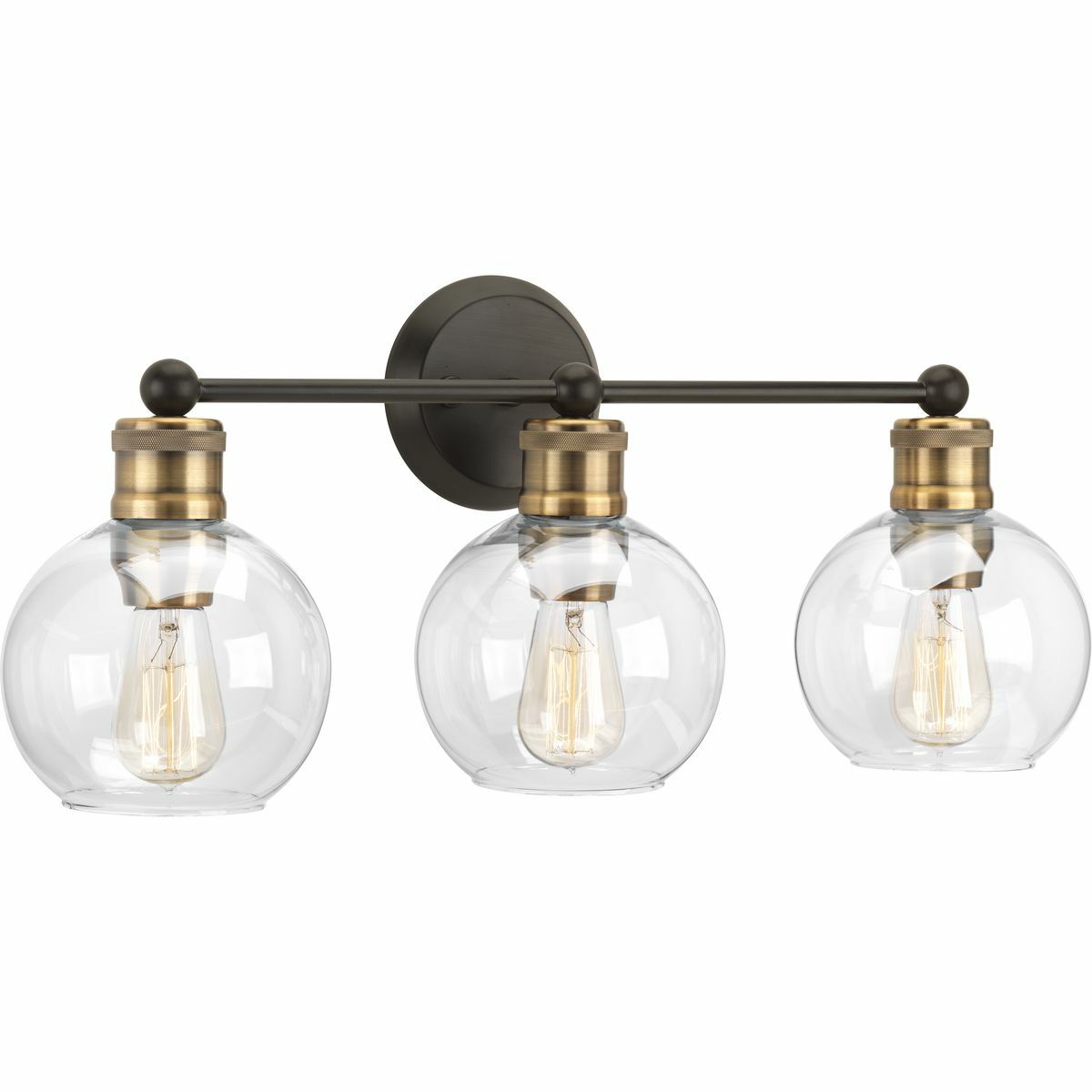 The Hansford collection of fixtures feature a clear, spherical shade paired with vintage style metal fittings in an Antique Bronze and Vintage Brass combination finish. Featuring a clean and precise design with generous scale, Hansford's classic style brings tranquility to your home with. Hansford lends itself to Farmhouse, Coastal or Industrial interiors. Can be used with clear or vintage bulbs for a variety of looks. The three-light bath & vanity fixture can be mounted up or down.