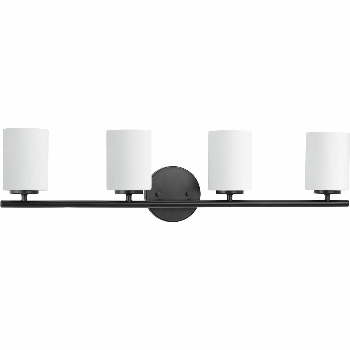 Four-light bath & vanity from the Replay Collection is highlighted by a clean, linear form paired with etched white glass. A pleasingly elegant frame enhances a simplified modern look within the Replay collection. Black finish.
