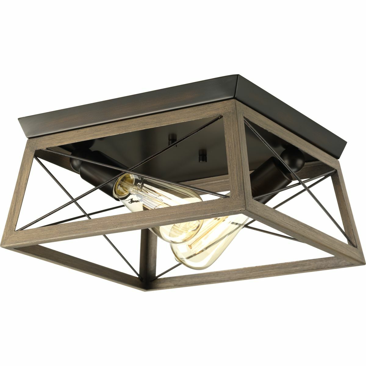 The Briarwood collection features a classic pattern commonly found on barn or farmhouse doors and gates. The simple geometric form features a faux-painted wood enclosure to frame vintage-style light bulbs. A rich Oak and Antique Bronze finish combination. Two-Light flush mount.