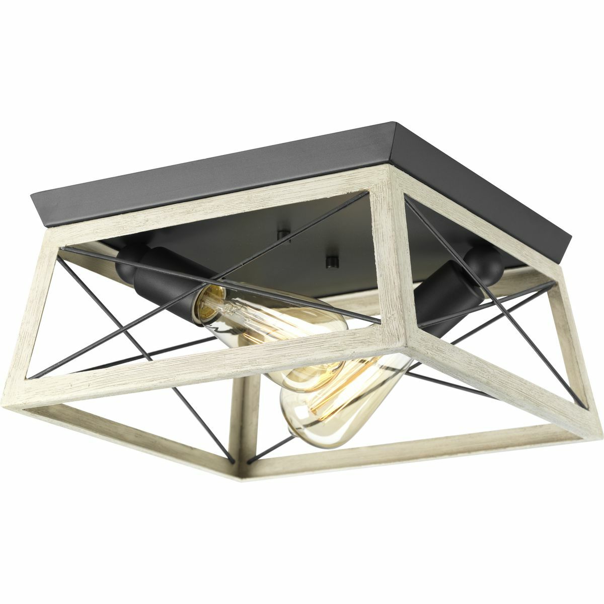The Briarwood collection features a classic pattern commonly found on barn or farmhouse doors and gates. The simple geometric form features a faux-painted wood enclosure to frame vintage-style light bulbs. A coastal-inspired whitewashed finish paired with Graphite details. Two-Light flush mount.