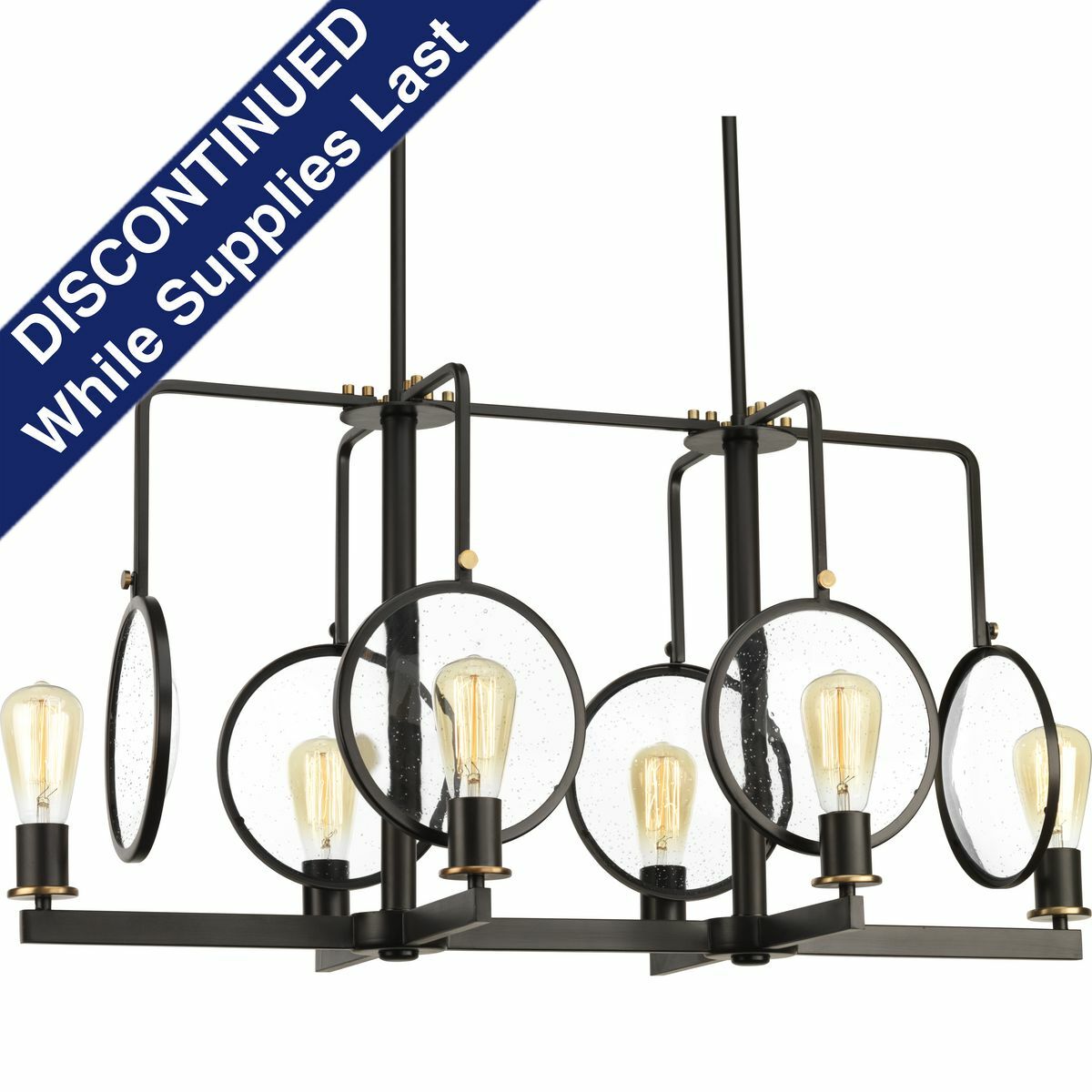 Whether for a mountain cabin or an urban retreat, the rustic charm of the Looking Glass collection is an artful display for romantic vintage lighting. Inspired by a timber frame farmhouse, its frame features iron elements that support clear, seeded glass reflectors. Hints of brass accentuate the mechanical details to enhance a vintage feel n this six-light linear chandelier.