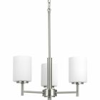 Three-light chandelier from the Replay Collection features a linear form that provides a pleasingly elegant accent to your home. A sleek, metallic finish is complemented by white glass diffusers for a clean, modern silhouette. Brushed Nickel finish.