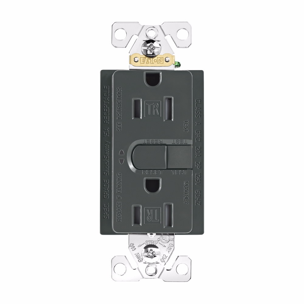 Eaton ASPIRE GFCI receptacle,ASPIRE design,Tamper resistant,Self-test,#14-10 AWG,15A,Residential,Commercial,Flush,125 V,Back and side wire,Silver granite,Brass,Tamper resistant,PVC,5-15R,Two-pole,Three-wire,Two-pole, three-wire, grounding