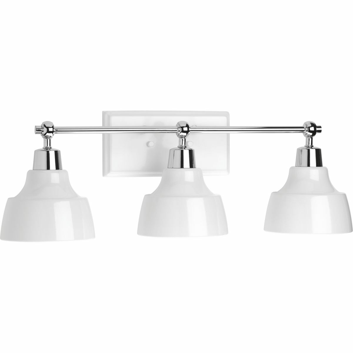 Vintage and industrial styling coalesce in the functional, yet elegant frame of the Bramlett fixtures. Metal reflector style shades are complemented by contrasting metallic fittings. Fixtures from this collection pair well with either vintage style or traditional bulbs to create a fun focal point in your home. Three-Light bath & vanity. Polished Chrome finish.