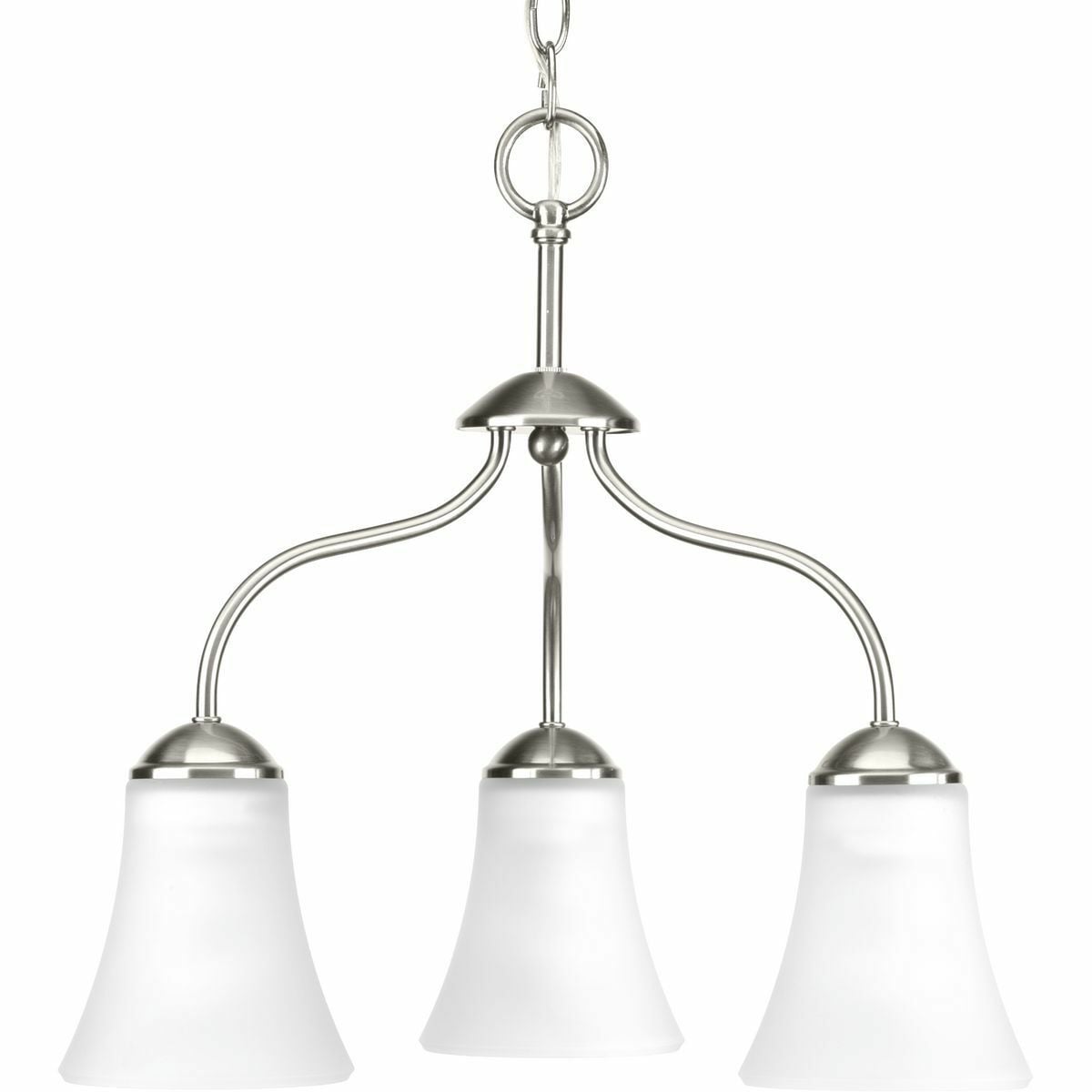 Traditional details and graceful lines provide modern elegance to any interior. The Classic three-light chandelier features etched glass shades with a Brushed Nickel finish.
