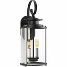 Squire two-light medium wall lantern features a classic traditional profile with clean, modern metal fittings. The Black finish is accented with contrasting Stainless Steel metallic elements, the cylindrical frame is comprised of a clear glass diffuser.