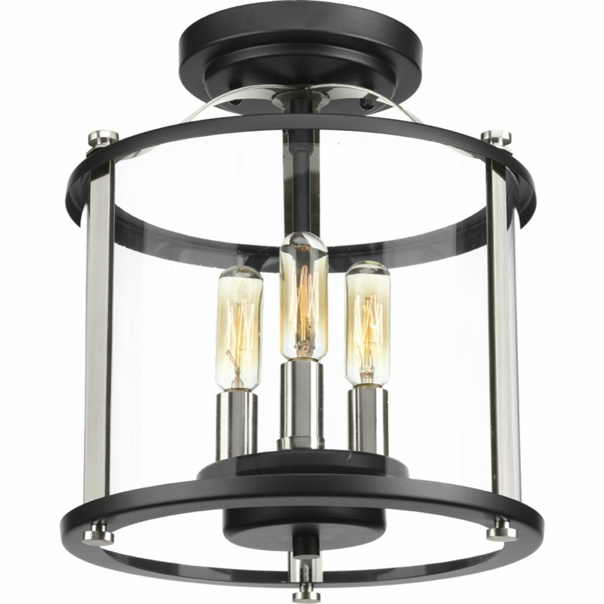Squire three light semi-flush convertible lantern features a classic traditional profile with clean, modern metal fittings. The Black finish is accented with contrasting Stainless Steel metallic elements, the cylindrical frame is comprised of a clear glass diffuser.