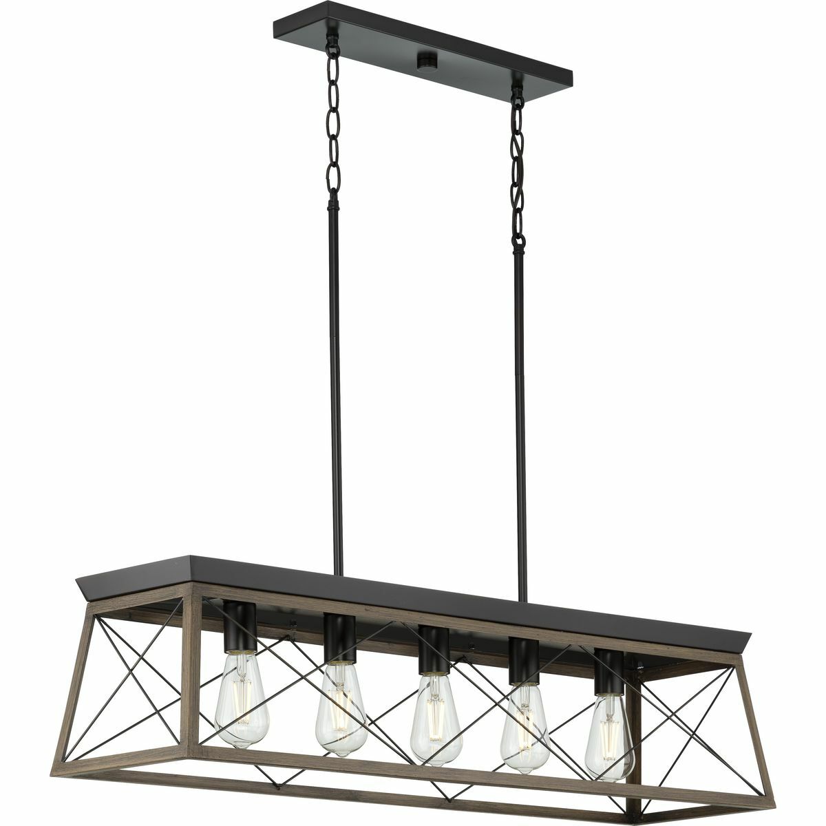 The Briarwood collection features a classic pattern commonly found on barn or farmhouse doors and gates. The simple geometric form features a faux-painted wood enclosure to frame vintage-style light bulbs. A rich Oak and Antique Bronze finish combination. Five-Light linear chandelier.