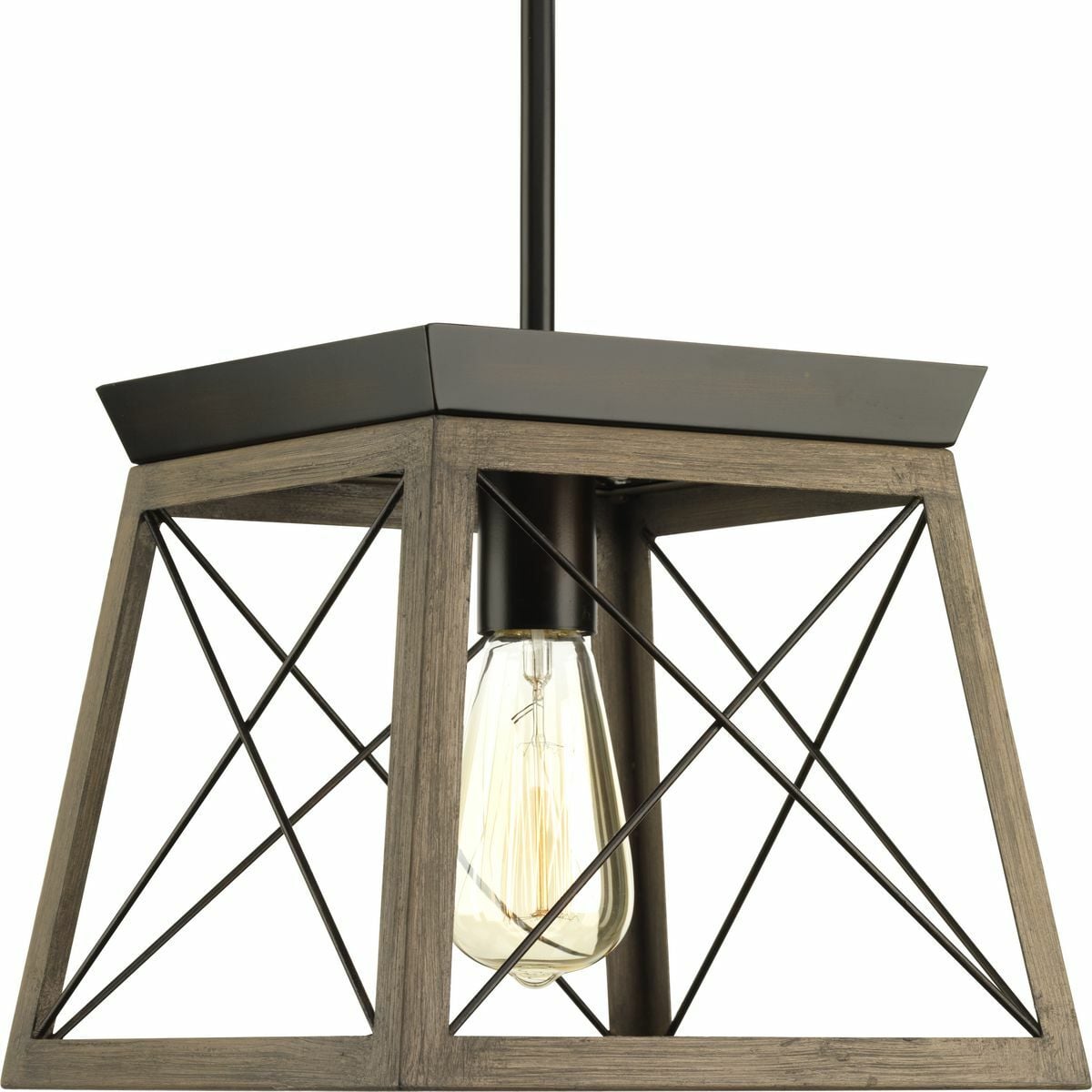 The Briarwood collection features a classic pattern commonly found on barn or farmhouse doors and gates. The simple geometric form features a faux-painted wood enclosure to frame vintage-style light bulbs. A rich Oak and Antique Bronze finish combination. One-Light mini-pendant.