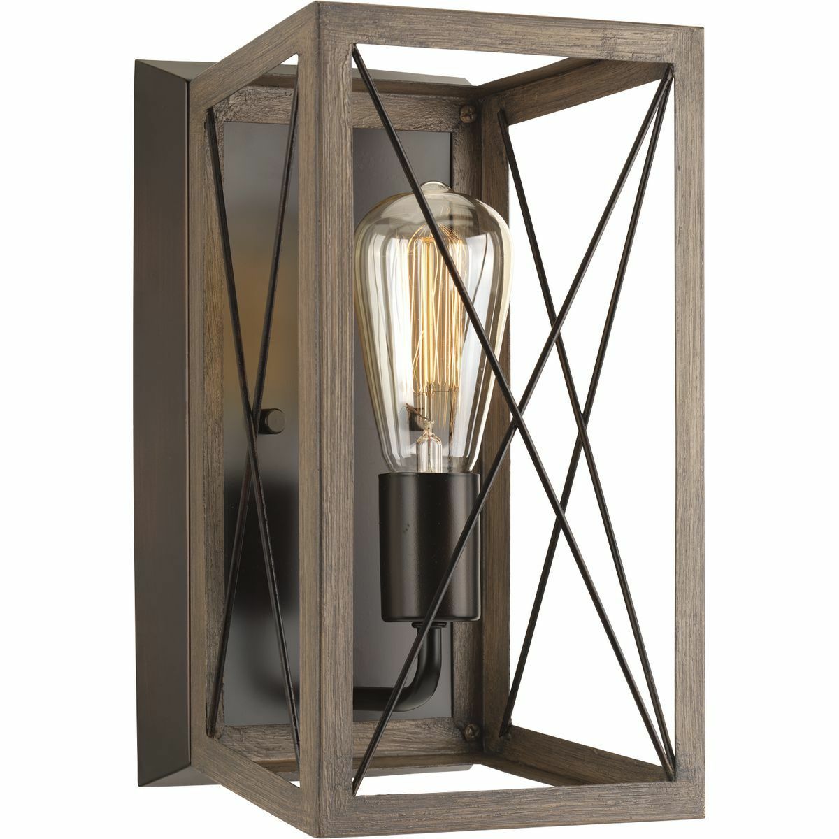 Create a rustic atmosphere with a wall sconce from the Briarwood Collection. A light source exudes a comforting country glow through the X-brace design reminiscent of country barn doors and rustic farmhouse gates. The faux wood frame is coated in a rich oak finish accented by an antique bronze wall plate. Compatible with dimmable bulbs.