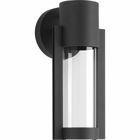 A modern small outdoor LED sconce with an architectural-inspired open linear frame and clear glass diffuser. Finished in Black.