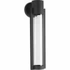 A modern medium outdoor LED sconce with an architectural-inspired open linear frame and clear glass diffuser. Finished in Black.