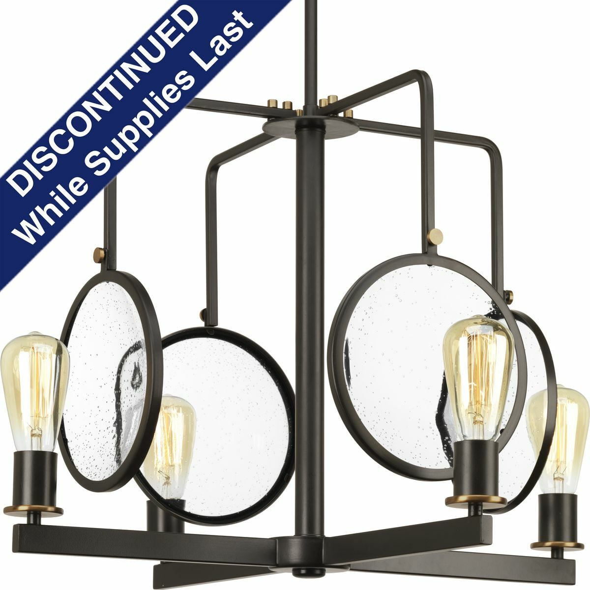 Whether for a mountain cabin or an urban retreat, the rustic charm of the Looking Glass collection is an artful display for romantic vintage lighting. Inspired by a timber frame farmhouse, its frame features iron elements that support clear, seeded glass reflectors. Hints of brass accentuate the mechanical details to enhance a vintage feel in this four-light chandelier.