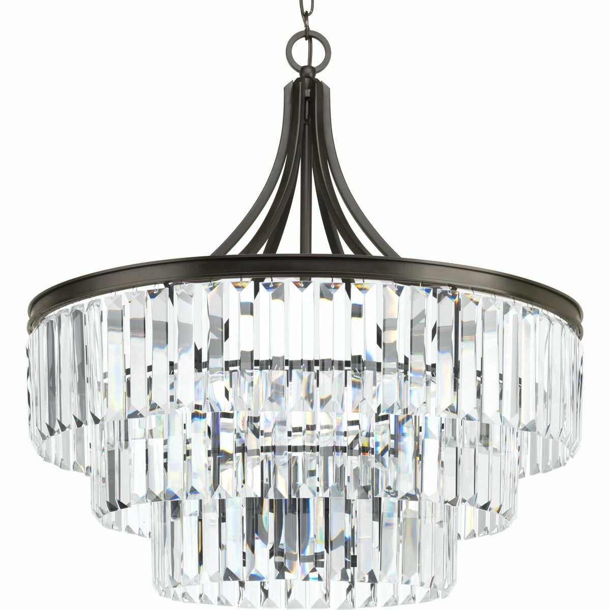 Glimmer fits the definition of livable luxury with elements that sparkle to create an instant statement within the home. Prismatic glass Prismatic glass six-light round pendant is supported by an architecturally- styled frame in Antique Bronze finish. The cascade of faceted linear glass deliver a sleek silhouette to any room.