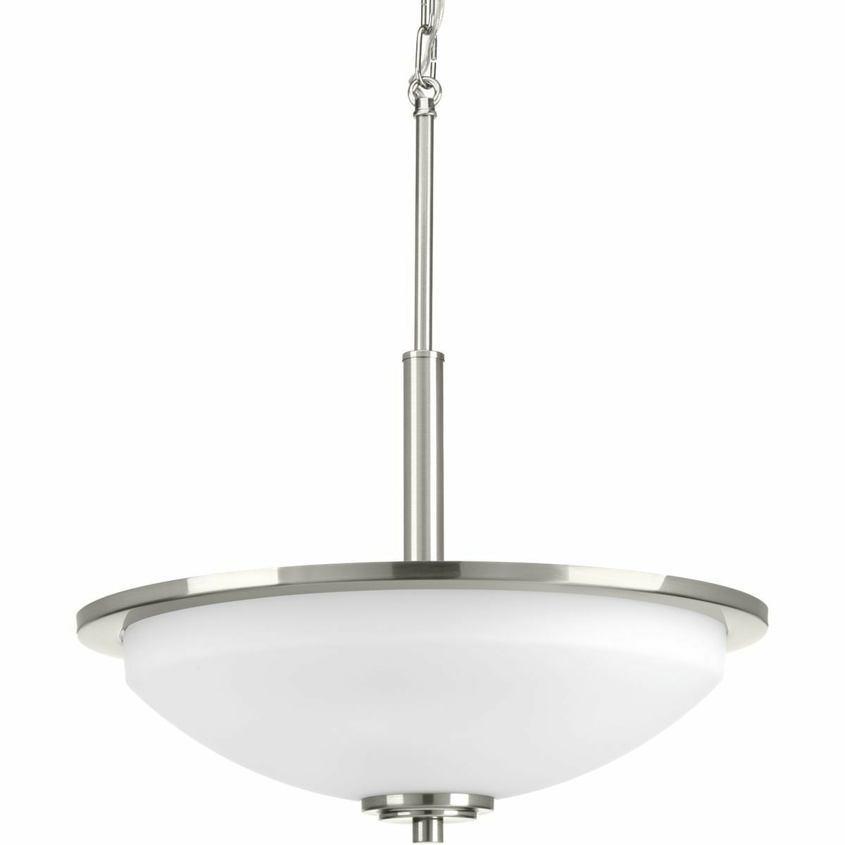 The three-light inverted pendant from the Replay collection features a linear form that provides a pleasingly elegant accent to your home. A sleek, metallic finish is complemented by white glass diffusers for a clean, modern silhouette. Brushed Nickel finish.