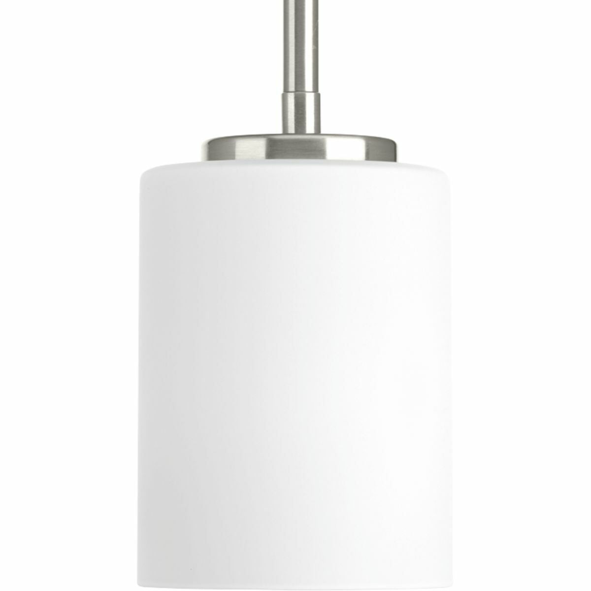 One-light mini-pendant from the Replay Collection, features a linear form that provides a pleasingly elegant accent to your home. A sleek, metallic finish is complemented by white glass diffusers for a clean, modern silhouette. Brushed Nickel finish.