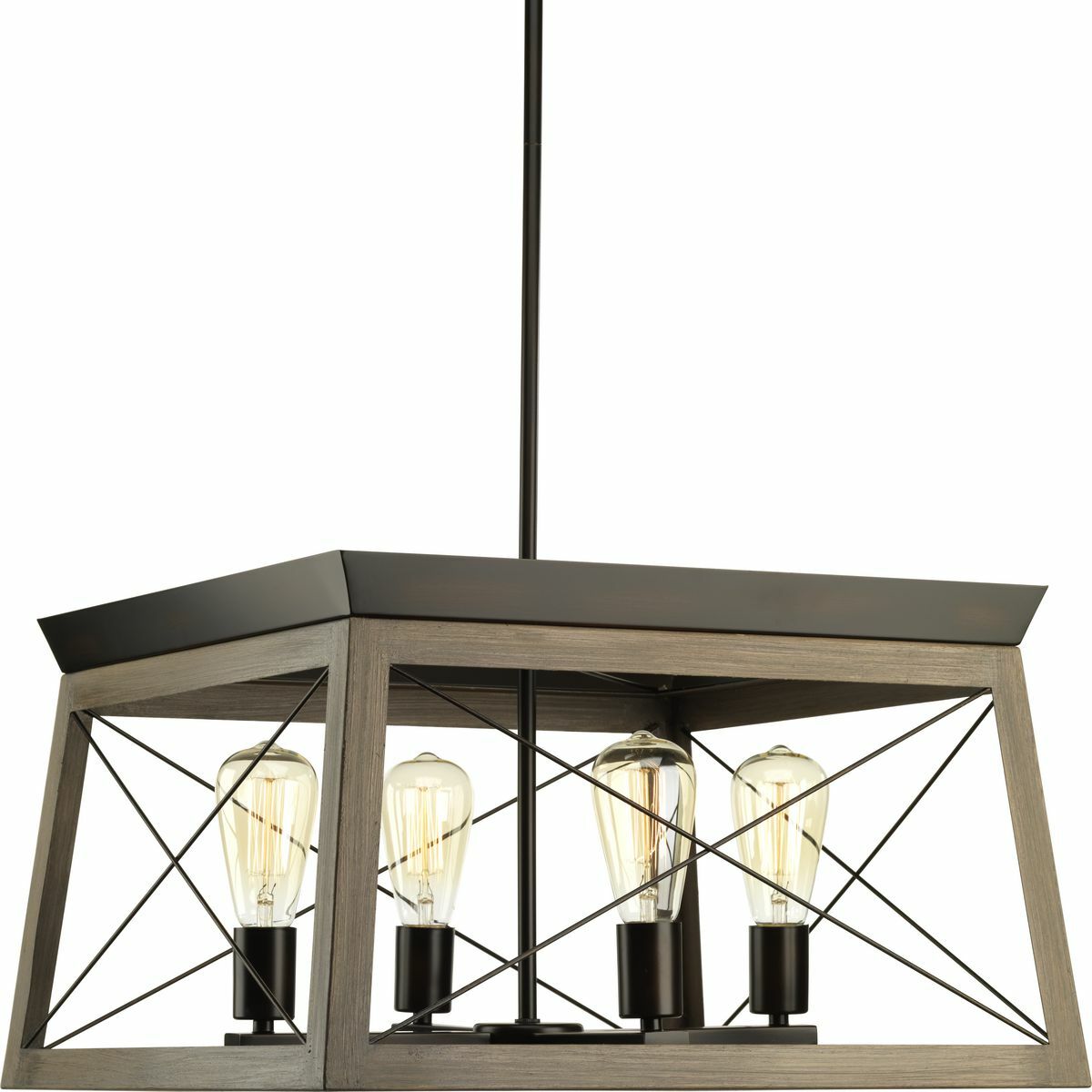 Create a rustic atmosphere with a chandelier from the Briarwood Collection. Light sources exude a comforting country glow through the X-brace design reminiscent of country barn doors and rustic farmhouse gates. The faux wood frame is coated in a rich oak faux painted wood finish complemented by antique bronze accents.