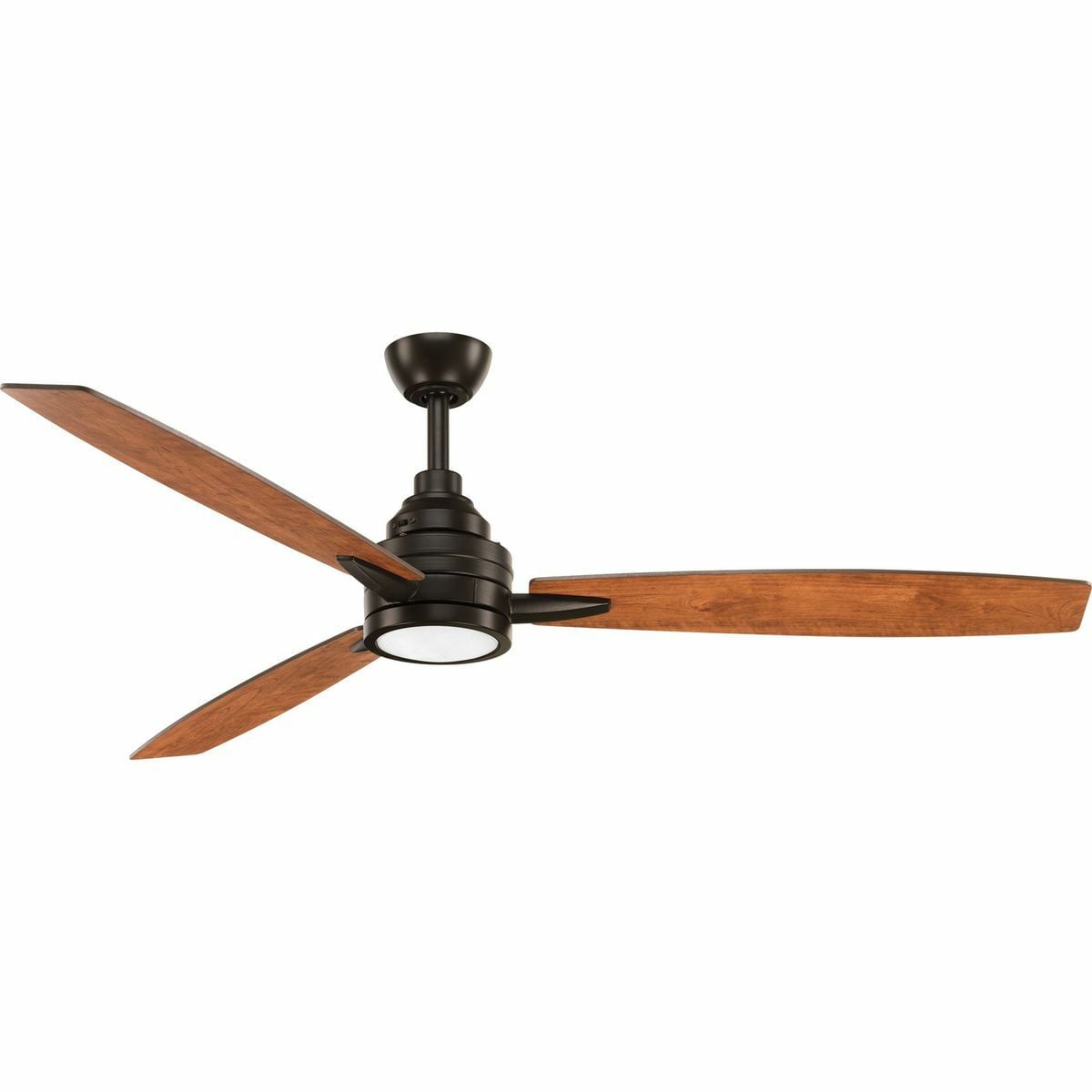 Three-blade 60 inch Gaze ceiling fan features an LED light source, offering both form and function with energy- and cost-savings benefits. An opal white shade contains an 18W dimmable, 3000K LED module. Full range dimming and remote control with batteries is included. Reversible blades in cherry and walnut are included in an Antique Bronze finish.