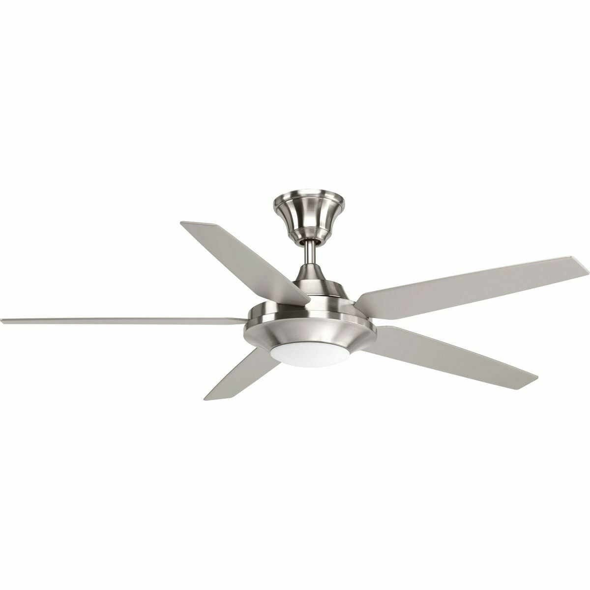 Five-blade 54 inch Signature Plus II ceiling fan with five reversible blades in silver and driftwood. The LED light source, offering both form and function with energy- and cost-savings benefits, contains a white opal shatterproof shade and is comprised of a 17W dimmable 3000K LED module. A remote with batteries is included ? and controls full range dimming and fan speed capabilities. Signature Plus II also has a reversible motor that can be accessed via a manual switch.
