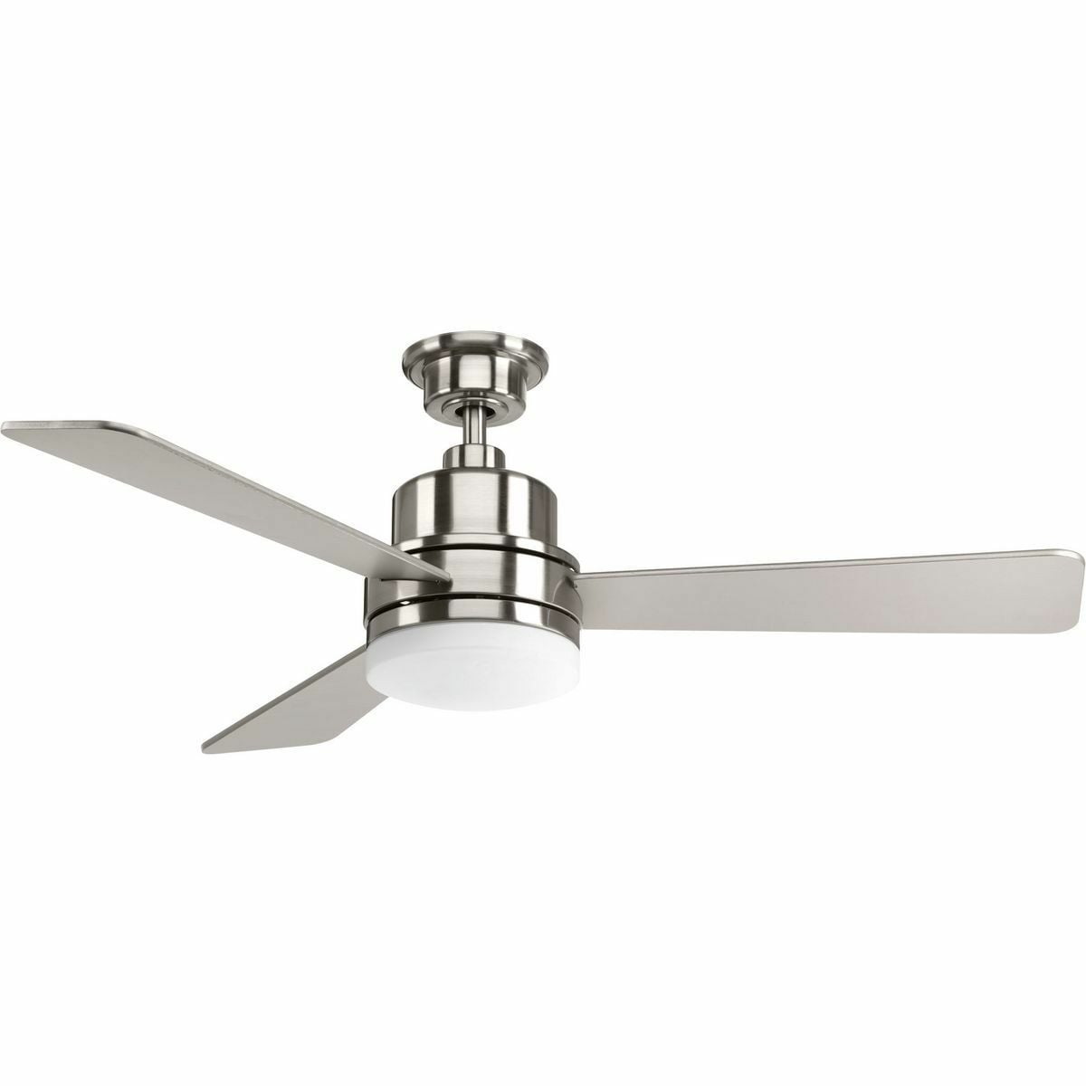 The 52 inch Trevina II features three silver blades in Brushed Nickel finish. Coolly modern, the Trevina II ceiling fan offers both form and function with an energy efficient 17W LED source with a 3000K-color temperature. Features a wall control switch.