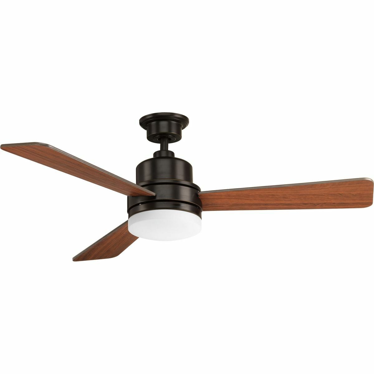 The 52 inch Trevina II features three reversible blades in medium cherry and classic walnut in Antique Bronze finish. Coolly modern, the Trevina II ceiling fan offers both form and function with an energy efficient 17W LED source with a 3000K-color temperature. Features a wall control switch.