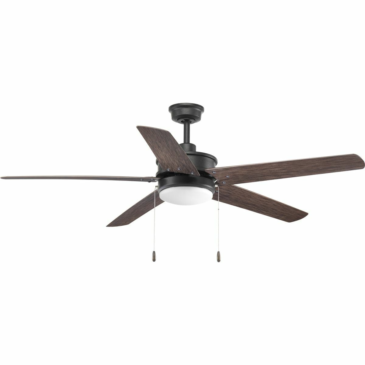 Refresh your indoor or covered outdoor living spaces with the crisp, clean style of the 60 inch Whirl fan. The stylish design comes in Forged Black with toasted oak blades. The five-blade fan features an all weather damp location rating (ABS) to accommodate a variety of settings throughout the home. White opal glass shade with a 17W LED light source offers a warm 3000K-color temperature, energy savings and maintenance benefits for the home. Whirl features a dual mount system and a three-speed pull chain fan switch, as well as an on/off pull chain switch to operate the light.