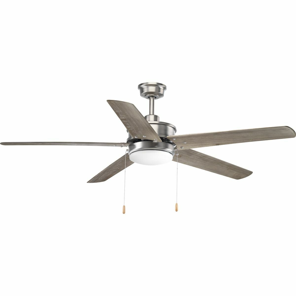 Refresh your indoor or covered outdoor living spaces with the crisp, clean style of the 60 inch Whirl fan. The stylish design comes in Antique Nickel with driftwood blades. The five-blade fan features an all weather damp location rating (ABS) to accommodate a variety of settings throughout the home. White opal glass shade with a 17W LED light source offers a warm 3000K-color temperature, energy savings and maintenance benefits for the home. Whirl features a dual mount system and a three-speed pull chain fan switch, as well as an on/off pull chain switch to operate the light.