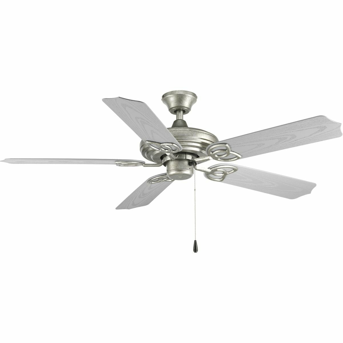 This five-blade 52 inch fan comes with a tri-mount system and a three-speed pull chain switch with 72 inch lead wires. SureConnect? blade attachment and Quick Install Canopy systems included. Finished in galvanized Zinc, the silver blades contain an all weather rating system (ABS). This fan is wet location listed and compatible with universal light kits.