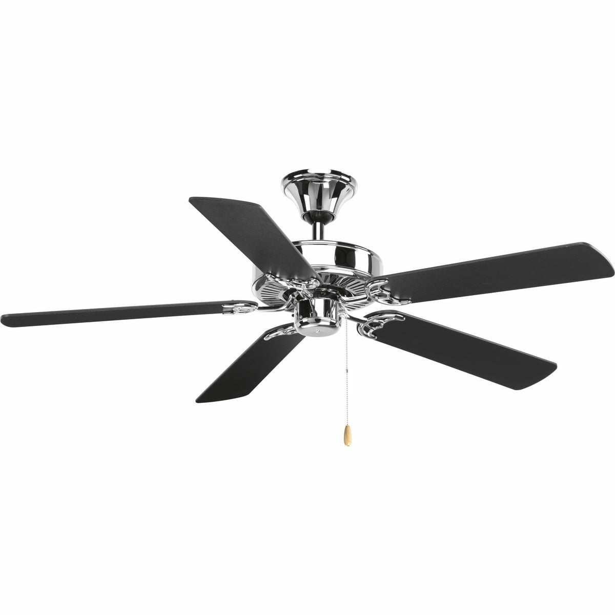 A five-blade 52 inch indoor fan comes with a tri-mount system and a three-speed pull chain switch. SureConnect? blade attachment system included. With a 45-degree canopy and compatible with a universal light kit, the fan is finished in Chrome.