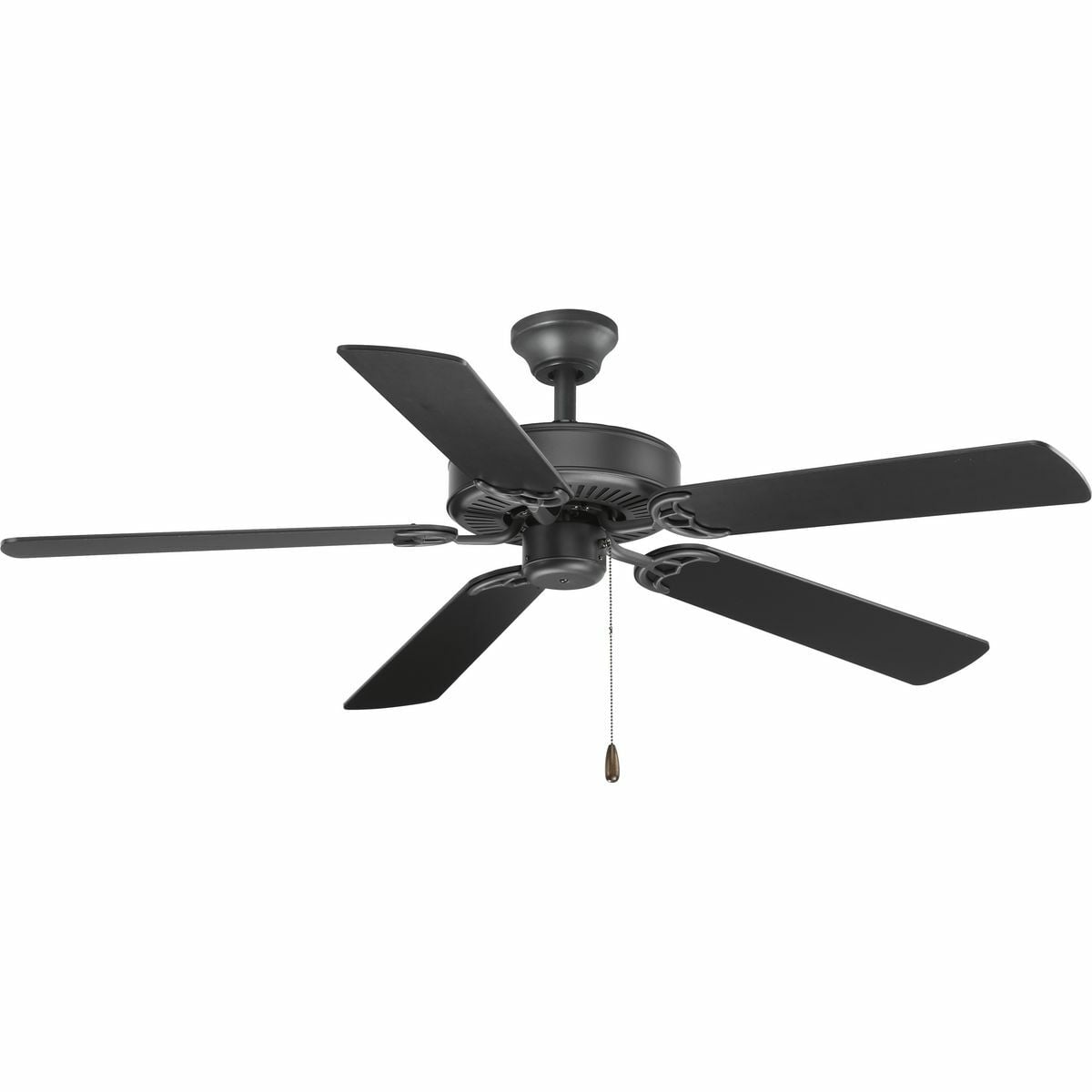 A five-blade 52 inch indoor fan comes with a tri-mount system and a three-speed pull chain switch. SureConnect? blade attachment system included. With a 45-degree canopy and compatible with a universal light kit, the fan is finished in Graphite.