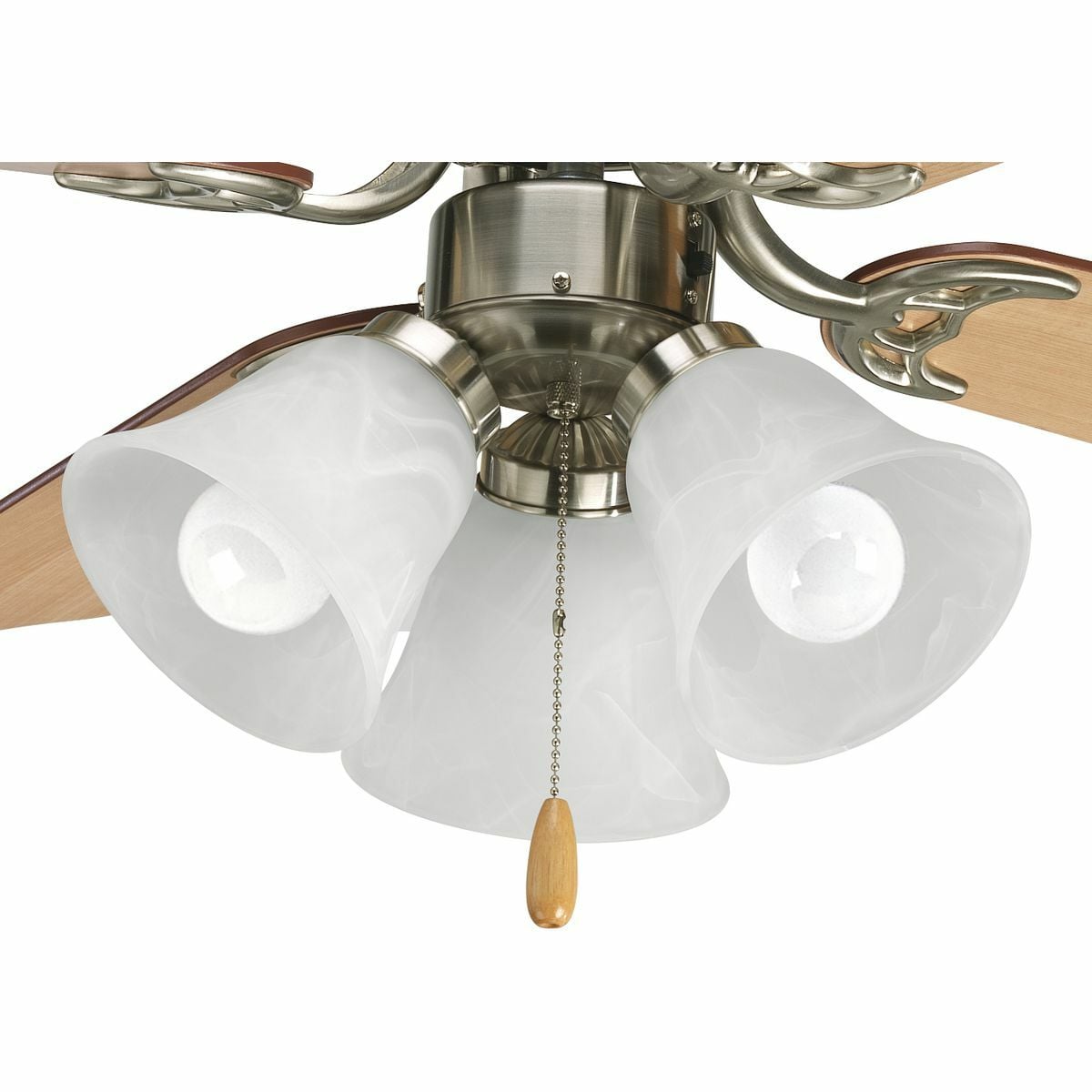 Three-light kit with white washed alabaster style glass shades beautiful in design. Brushed Nickel finish corresponds with a Chrome pull-chain and maple fob. Innovative spring clip glass attachment system eliminates unsightly excess hardware. Good for use with P2500 and P2501 ceiling fans and includes quick connector for easy wiring. Includes three 3000K, 800 lumen, Title 24 certified LED bulbs.