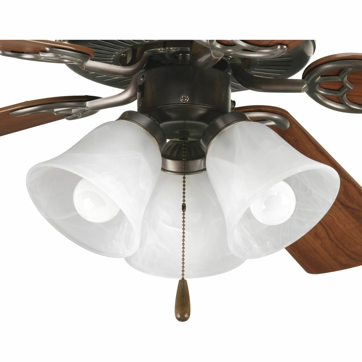 Three-light kit with white washed alabaster style glass shades beautiful in design. Antique Bronze finish corresponds with an Antique Brass pull-chain and medium oak fob. Innovative spring clip glass attachment system eliminates unsightly excess hardware. Good for use with P2500 and P2501 ceiling fans and includes quick connector for easy wiring. Includes three 3000K, 800 lumen, Title 24 certified LED bulbs.