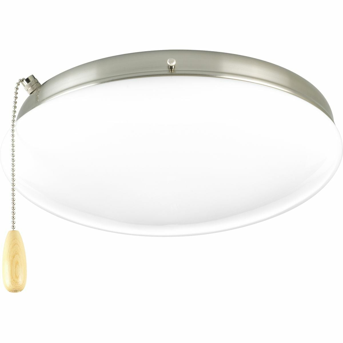 Two-light universal-style ceiling fan light kit in Brushed Nickel features a low-profile, opal glass diffuser that's ideal for lighting in a bedroom. This fan light kit includes a threaded adapter for quick connection to most indoor ceiling fans that accept an accessory light. Includes two 3000K, 800 lumen, Title 24 certified LED bulbs.