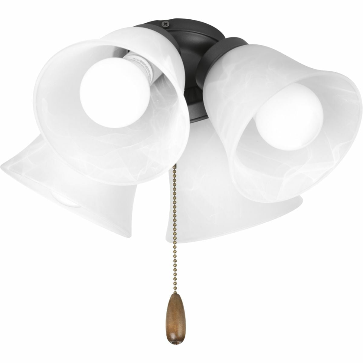 Four-light kit with white washed alabaster style glass shades beautiful in design. Innovative spring clip glass attachment system eliminates unsightly excess hardware. Good for use with P2500 and P2501 ceiling fans and includes quick connector for easy wiring. Includes four 3000K, 800 lumen each (source), Title 24 certified LED bulbs. Graphite finish.