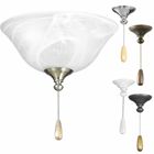 Alabaster style glass bowl ceiling fan light kit casts an inviting illumination in any size room. Includes (-09) Brushed Nickel, (-15) Polished Chrome, (-20) Antique Bronze, (-30) white, and (-143) Graphite finials for use with matching Progress Lighting fans. Universal style lets you use with any indoor fan that accept an accessory light. Quick-connect wiring makes the installation process quick and easy. Includes two 3000K, 800 lumen each (source), Title 24 certified LED bulbs.