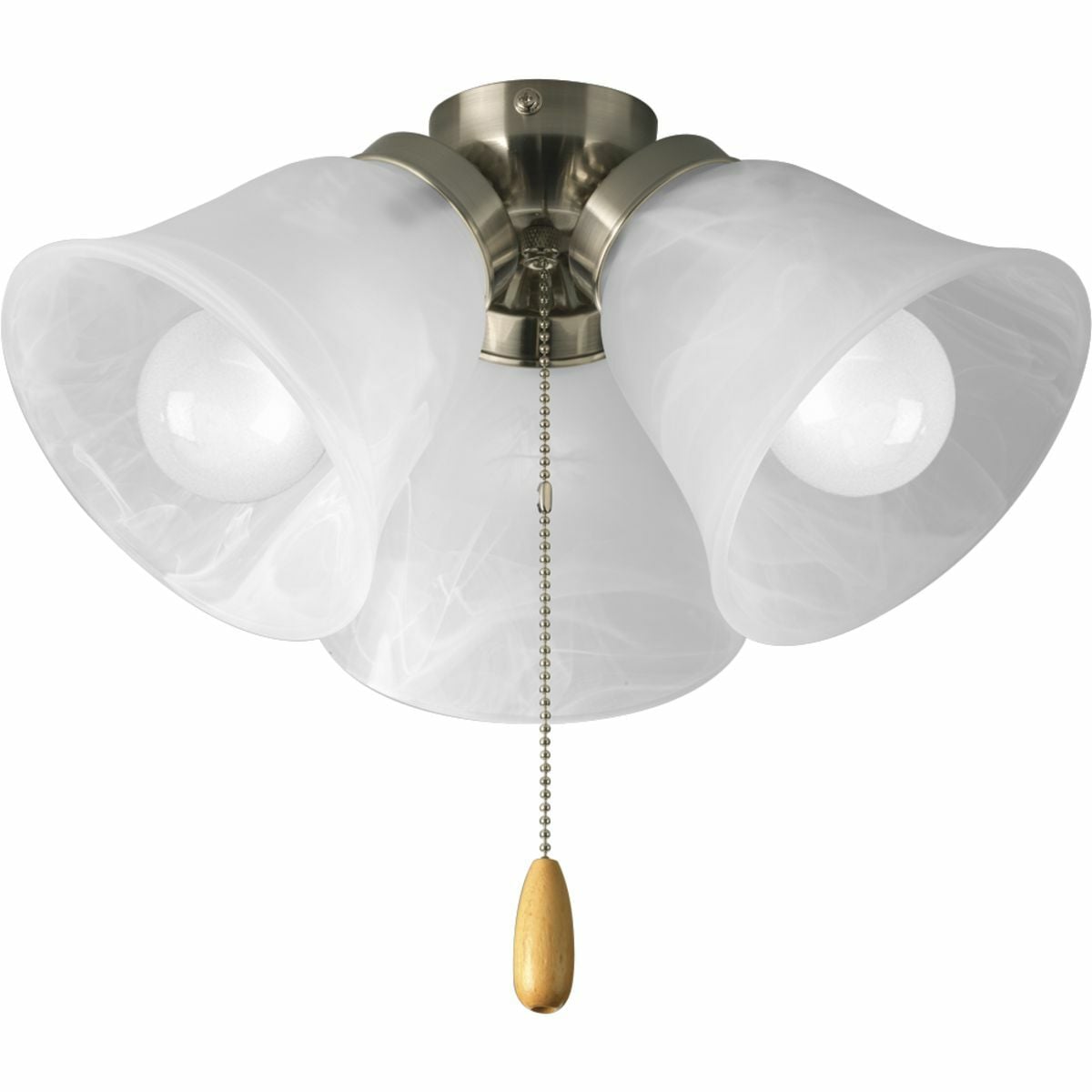 Three-light universal fan light kit features alabaster style glass shades beautiful in design. Brushed Nickel finish corresponds with a Chrome pull-chain and maple fob. Universal style for use with fans that accept an accessory light comes with quick-connect wiring. Includes three 3000K, 800 lumen each (source), Title 24 certified LED bulbs.