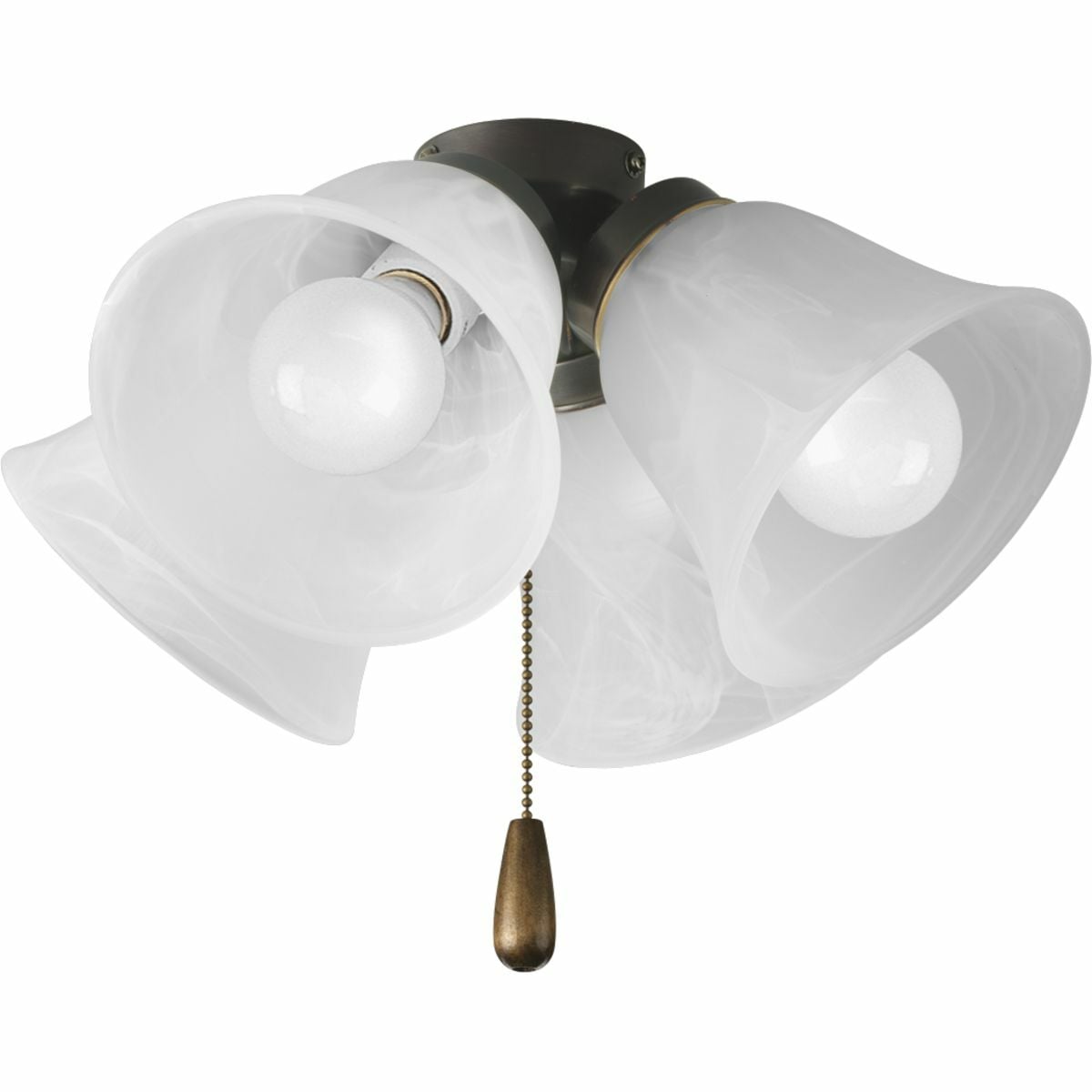 Four-light universal fan light kit features alabaster style glass shades beautiful in design. Antique Bronze finish corresponds with an Antique Bass pull-chain and medium oak fob. Universal style for use with fans that accept an accessory light comes with quick-connect wiring. Includes four 3000K, 800 lumen each (source), Title 24 certified LED bulbs.