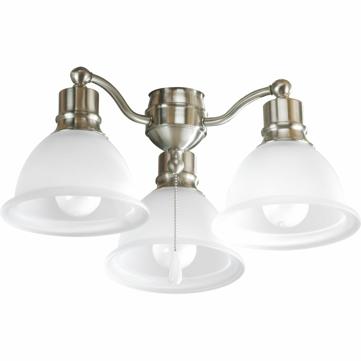 Brushed Nickel three-light fan light kit with etched glass bell-shaped shades. Etched glass in a clean, simple domed shape provides even, diffused illumination. Corresponding pull chain features Chrome finish with a white fob. Universal style lets you use with any indoor fan that accept an accessory light. Quick-connect wiring makes the installation process quick and easy. Includes three 3000K, 800 lumen each (source), Title 24 certified LED bulbs.