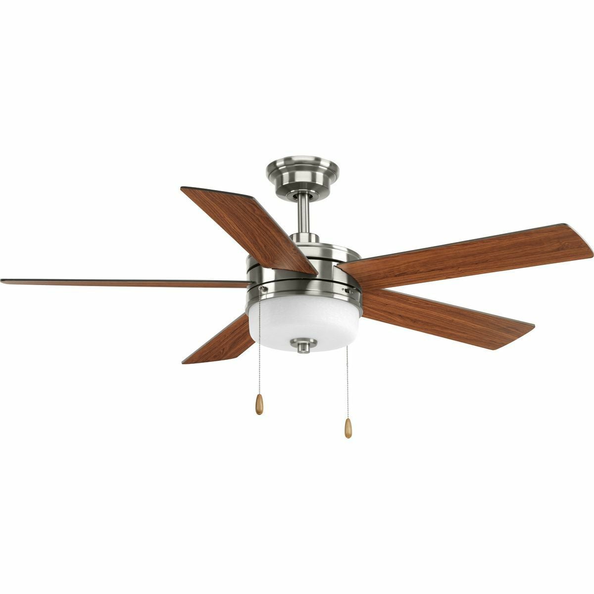 This five-blade 52 inch Verada ceiling fan combines a frosted linen glass shade with a 17W LED source. Five reversible blades in medium cherry and american walnut are included. Verada features a dual mount system and a three-speed pull chain fan switch, as well as an on/off pull chain switch to operate the light. LED light kit features a 3000K color temperature. Brushed Nickle finish.