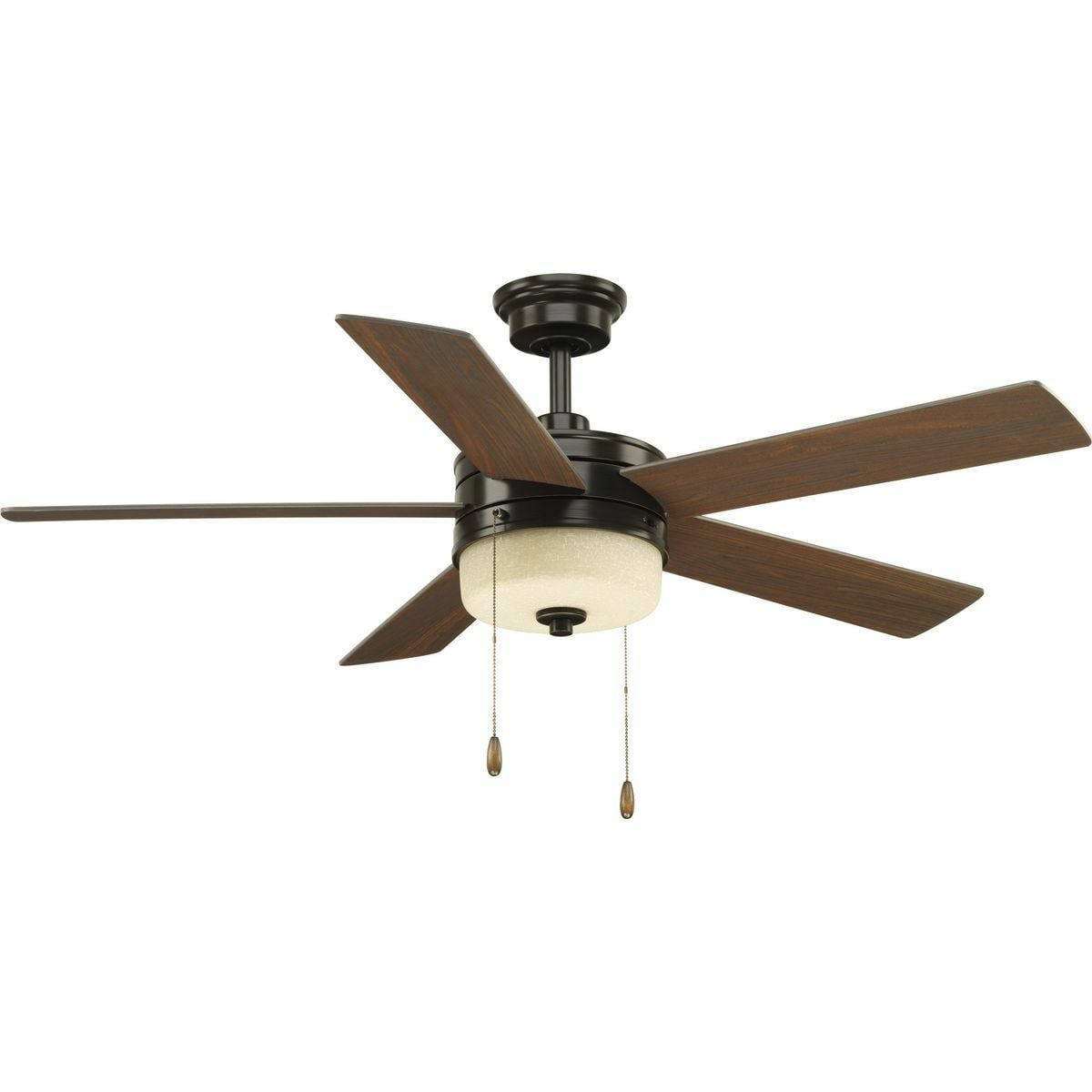 This five-blade 52 inch Verada ceiling fan combines a frosted linen glass shade with a 17W LED source. Five reversible blades in medium cherry and american walnut are included. Verada features a dual mount system and a three-speed pull chain fan switch, as well as an on/off pull chain switch to operate the light. LED light kit features a 3000K color temperature. Antiques Bronze finish.