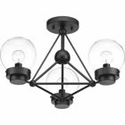 Spatial showcases a modern form that complements Urban Industrial and Bohemian styles. Overscaled geometric frames feature designs inspired by metal trusses and the art of engineering. A Matte Black finish is highlighted by clear globe shades. The three-light semi-flush convertible fixture is ideal for foyers and entryways.
