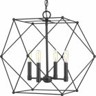Spatial showcases a modern form that complements Urban Industrial and Bohemian styles. Overscaled geometric frames feature designs inspired by metal trusses and the art of engineering. A Matte Black finish is highlighted by  open candles. The four-light pendant is ideal for foyers and entryways.