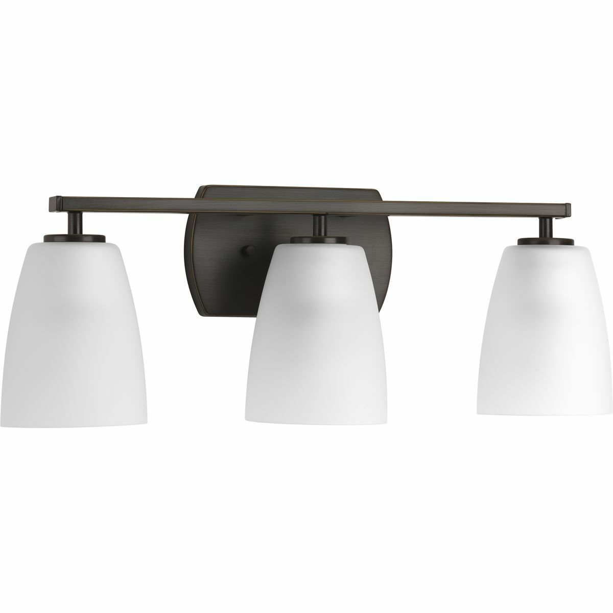 Leap vanity fixtures feature tapered etched glass shades to complement contemporary design trends. Three-light bath & vanity in an Antique Bronze finish.