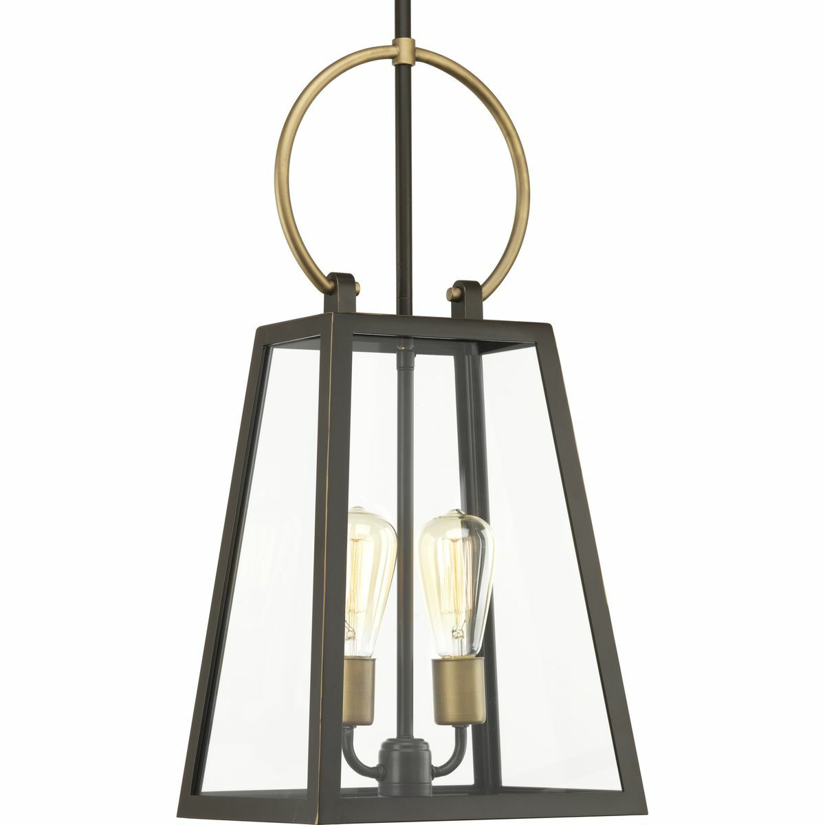 Barnett lanterns deliver timeless appeal with a decidedly modern flair. Large clear panes of glass frame your choice of traditional or vintage style bulbs. A graphic-inspired overscaled loop features a contrasting brass-tone finish. Two-Light Hanging Lantern.