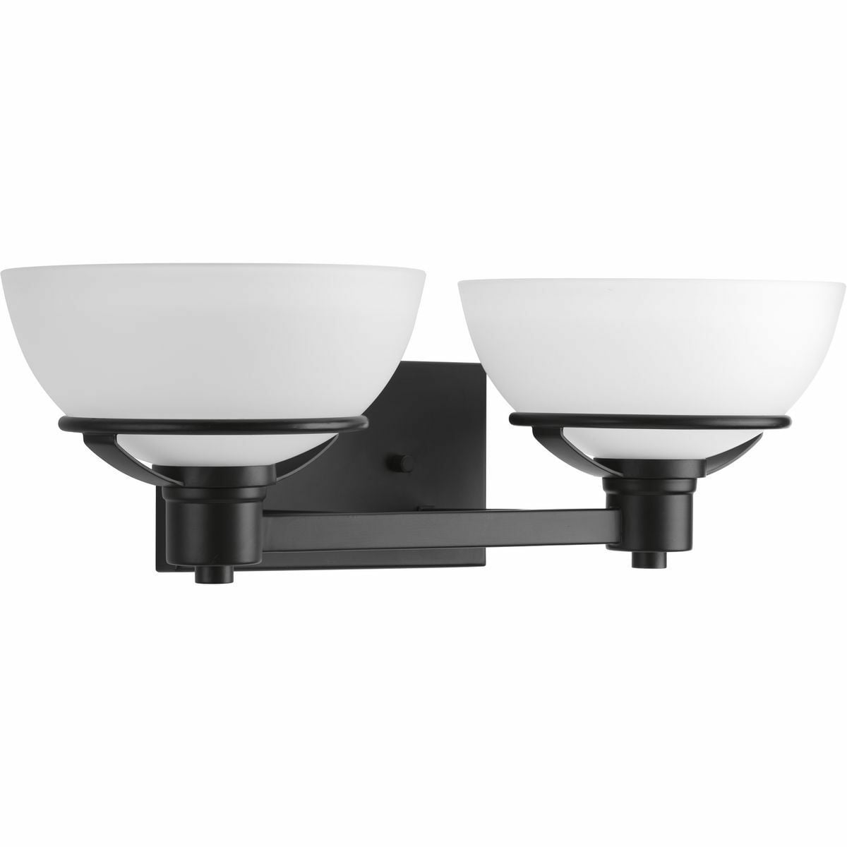 A sensible, yet sophisticated, lighting collection rooted in updated classical modern styling. Suitable for Urban Industrial, Modern and Mid-Century Modern interiors, the Domain collection two-light bath & vanity features a Matte Black finish. A double ring accent and squared off socket holder complement over scale etched glass shades.
