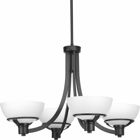 A sensible, yet sophisticated, lighting collection rooted in updated classical modern styling. Suitable for Urban Industrial, Modern and Mid-Century Modern interiors, the Domain collection four-light chandelier features a Matte Black finish. A double ring accent and squared off socket holder complement over scale etched glass shades.