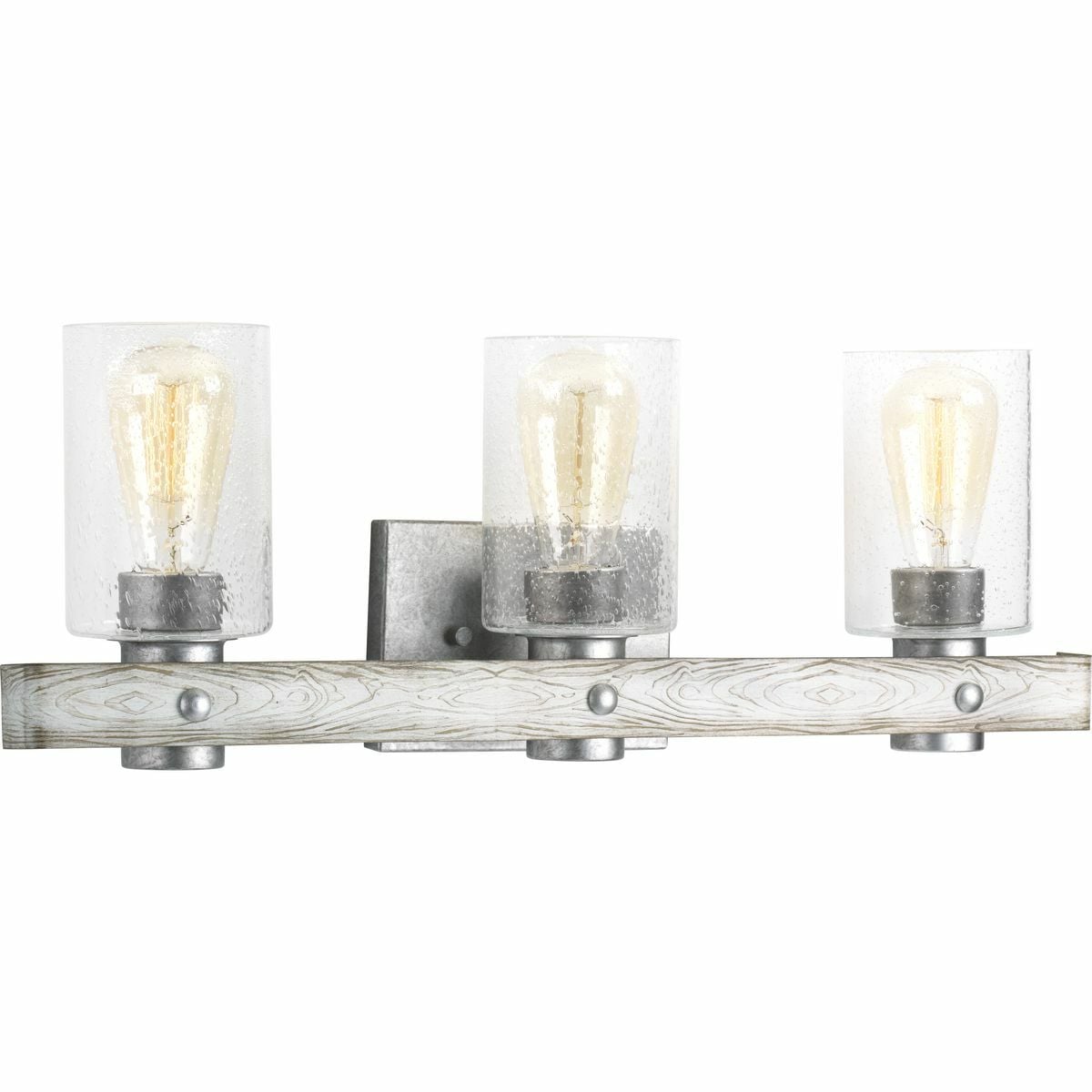 The Gulliver Collection three-light bath & vanity feature a dual toned frame color combinations of Galvanized with antique white accents. A hand painted wood grained texture complements Rustic and Modern Farmhouse home decor, as well as Urban Industrial and Coastal interior settings.