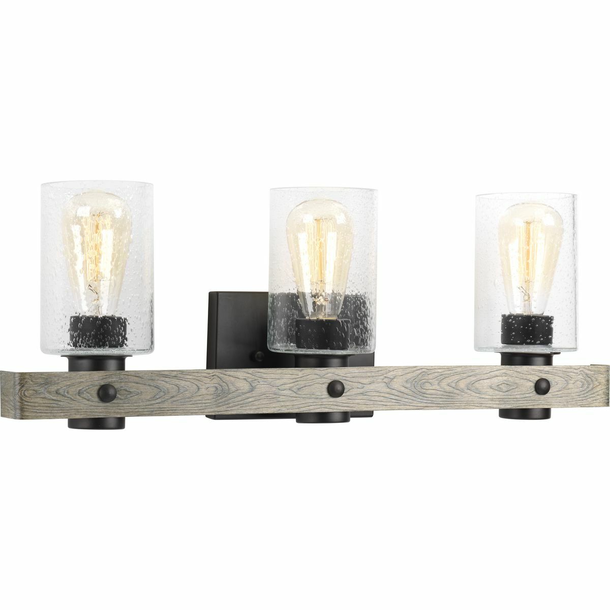 The Gulliver Collection three-light bath & vanity feature a dual toned frame color combinations of Graphite with weathered gray accents. A hand painted wood grained texture complements Rustic and Modern Farmhouse home decor, as well as Urban Industrial and Coastal interior settings.