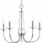 A casual, coastal-inspired five-light chandelier. Litchfield features an hourglass-inspired column complemented by a crisp Polished Chrome finish and glass bobeches.